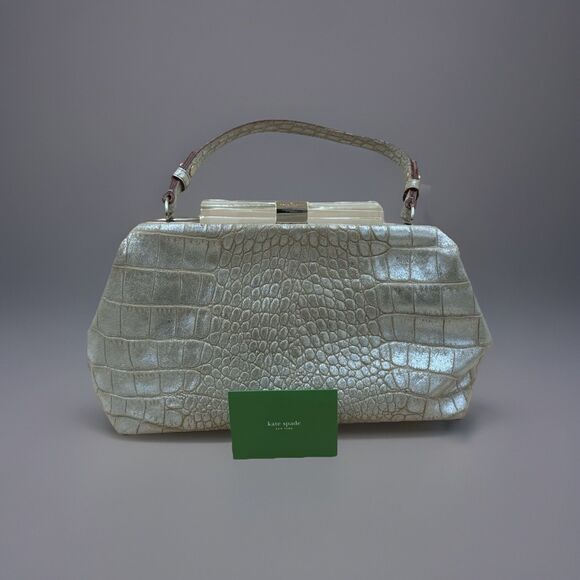 Kate Spade Moon Dance Madeline Satchel Frame Bag, Embossed Gold Suede Crossbody - Picture 12 of 13